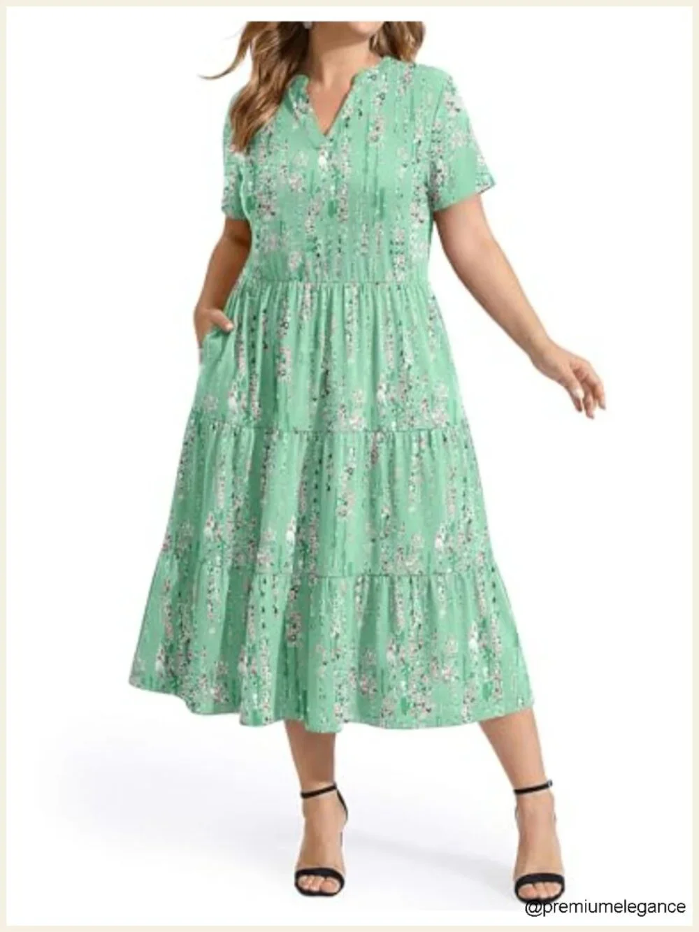Plus Size Midi Dress V-Neck Short Sleeve A-Line Tiered with Pockets